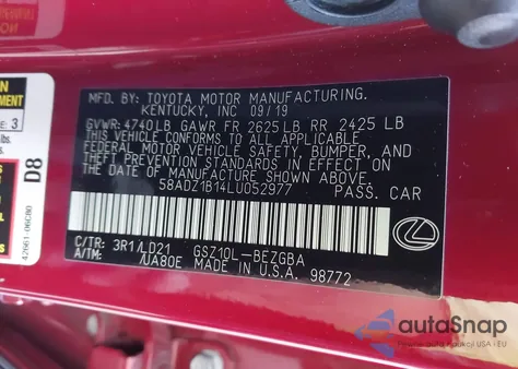 2020 Lexus Es 350 z USA, uszkodzony, nr VIN 58ADZ1B14LU052977